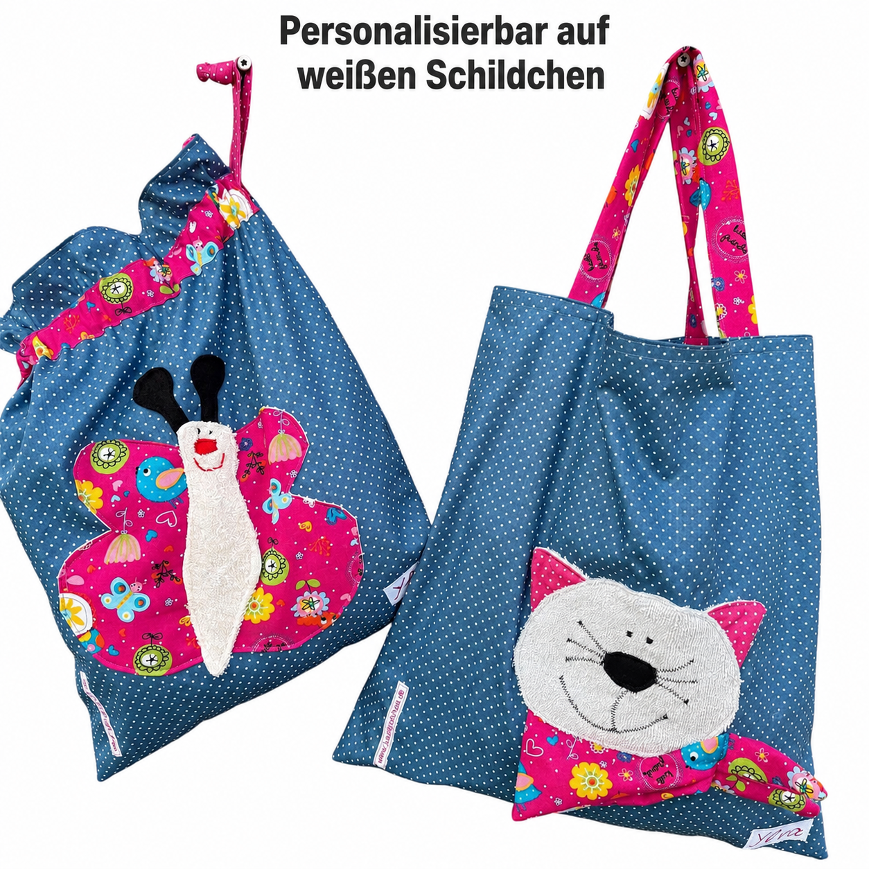 Kindergartenset für Mädchen – Nasstasche Schmetterling & Kindertasche Katze