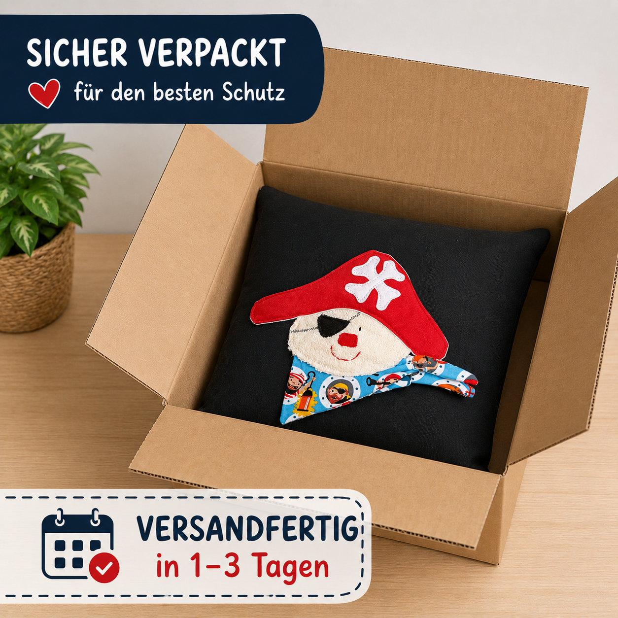 Reisekissen Pirat 30x30 cm – Handgenähtes Kinderkissen für Auto, Urlaub & Kindergarten