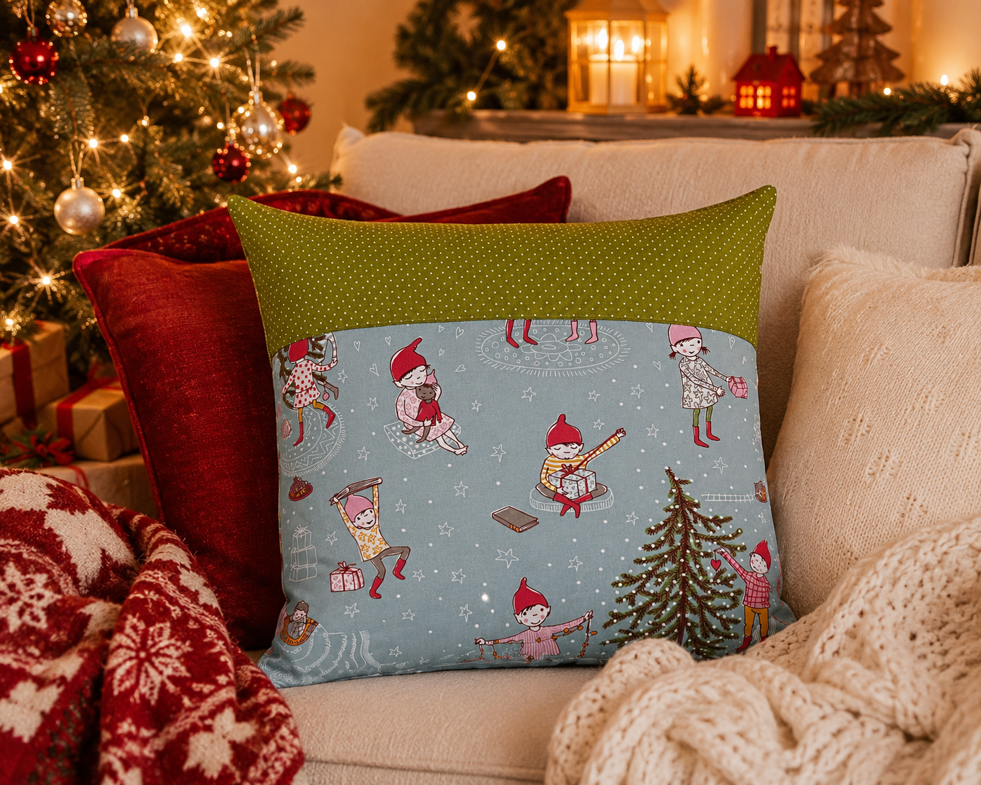 Kissen Weihnachten mit Wichteln – Handgemachte Weihnachtsdeko & liebevolles Weihnachtsgeschenk