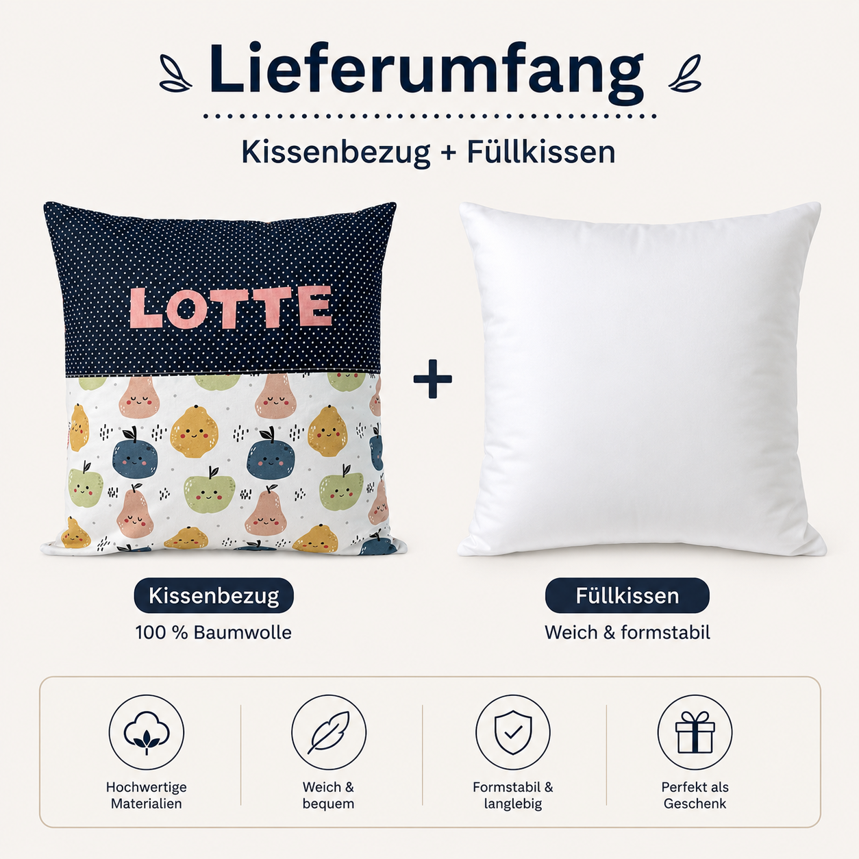 Kissen mit Namen Früchte | Personalisiertes Kinderkissen 40x40 cm | Geschenk für Kinder