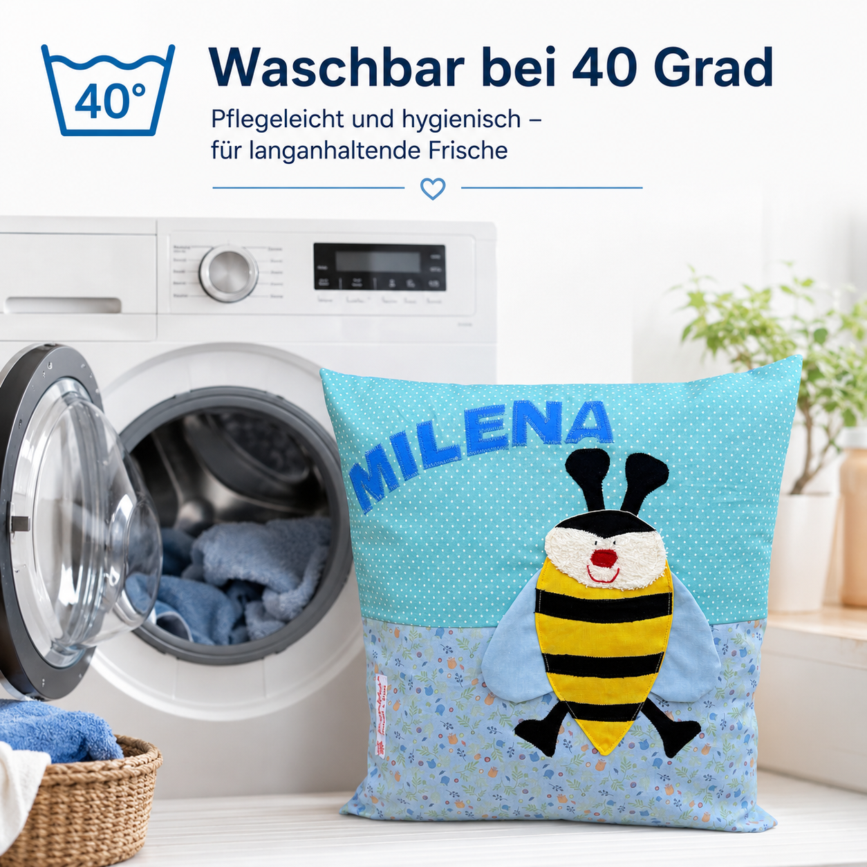 Kissen personalisiert mit Namen Biene | Handgemachtes Kinderkissen | Geschenk zum 1. Geburtstag