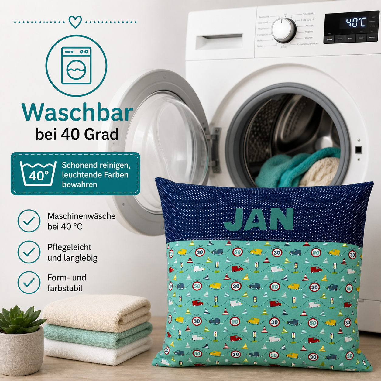 Kissen mit Namen Autos – Personalisiertes Kinderkissen für Jungen 40x40 cm