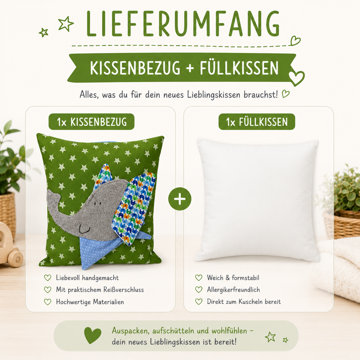 Reisekissen Elefant 30x30 cm – Handgemachtes KINDERKISSEN für Kleinkinder