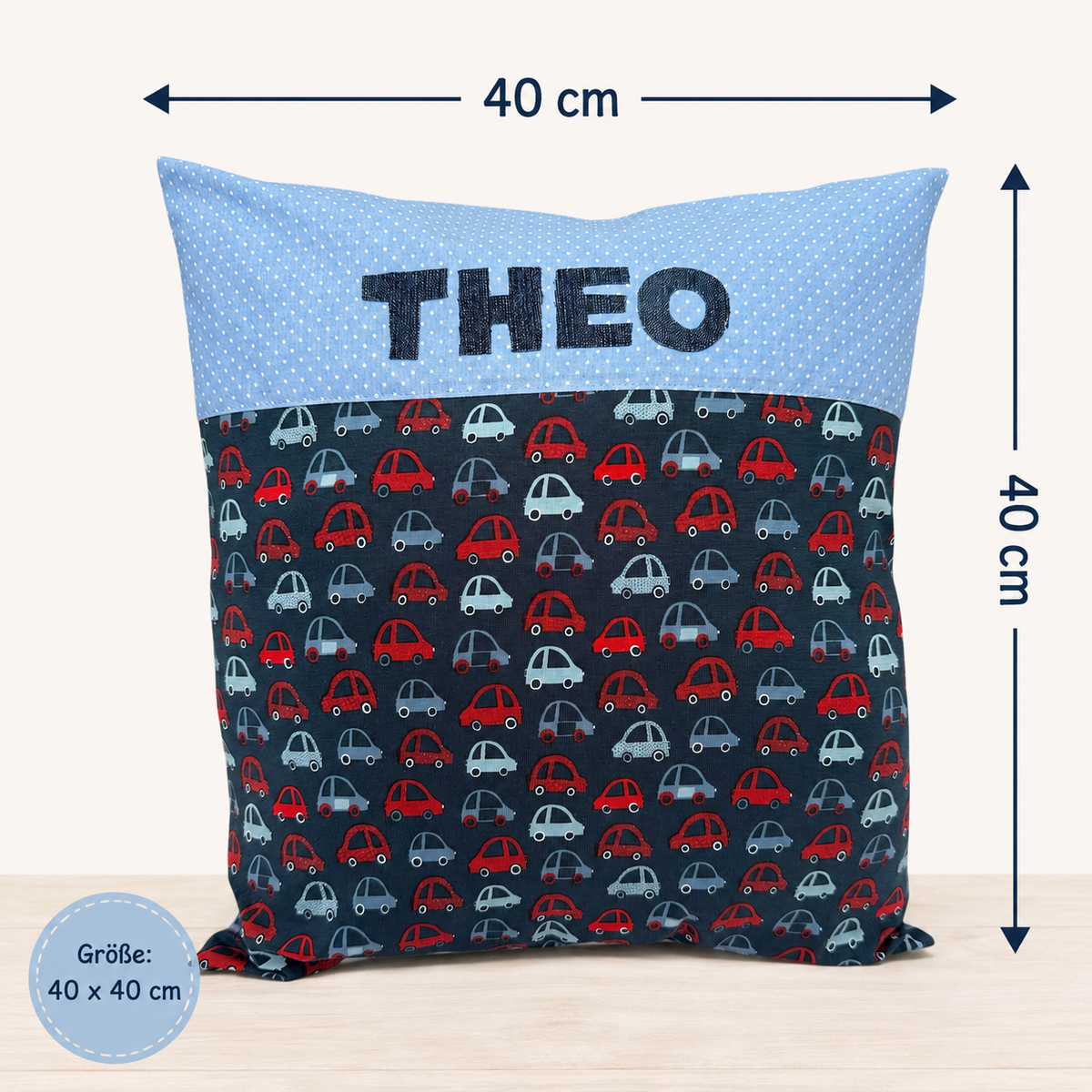 Kissen mit Namen Autos – Personalisiertes Kinderkissen für Jungen 40x40 cm