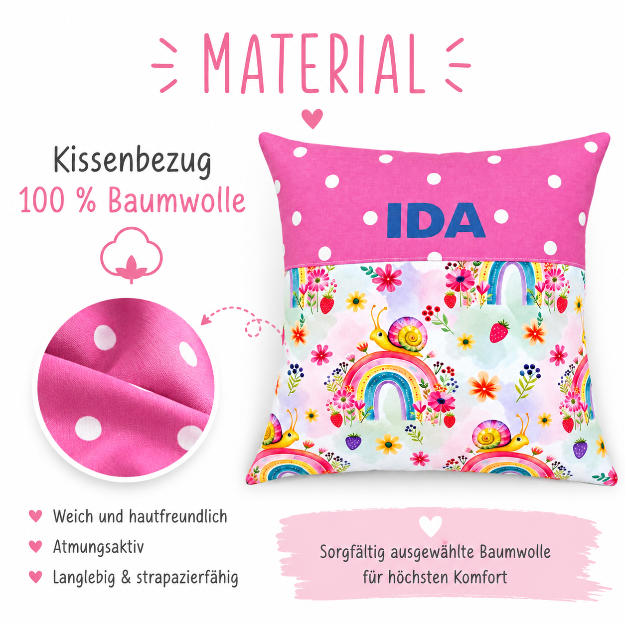 Kissen mit Namen Mädchen – Rosa mit Schnecke & Regenbogen