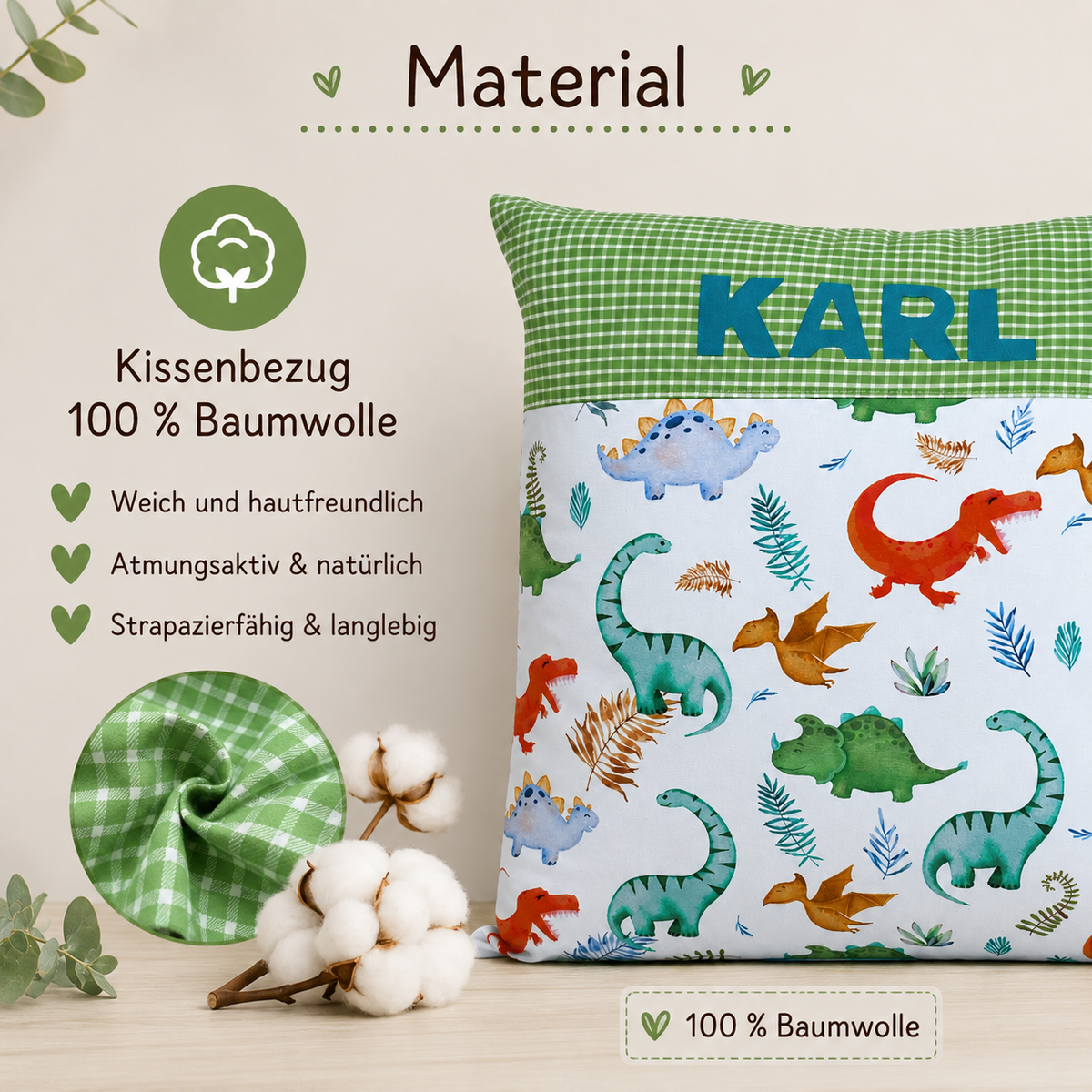 Kissen mit Namen Dino | Personalisiertes Kinderkissen 40x40 cm | Geschenk für Jungen