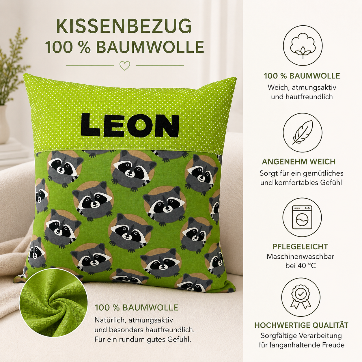 Waschbär Kissen mit Namen personalisiert – Kinderkissen 40x40 cm