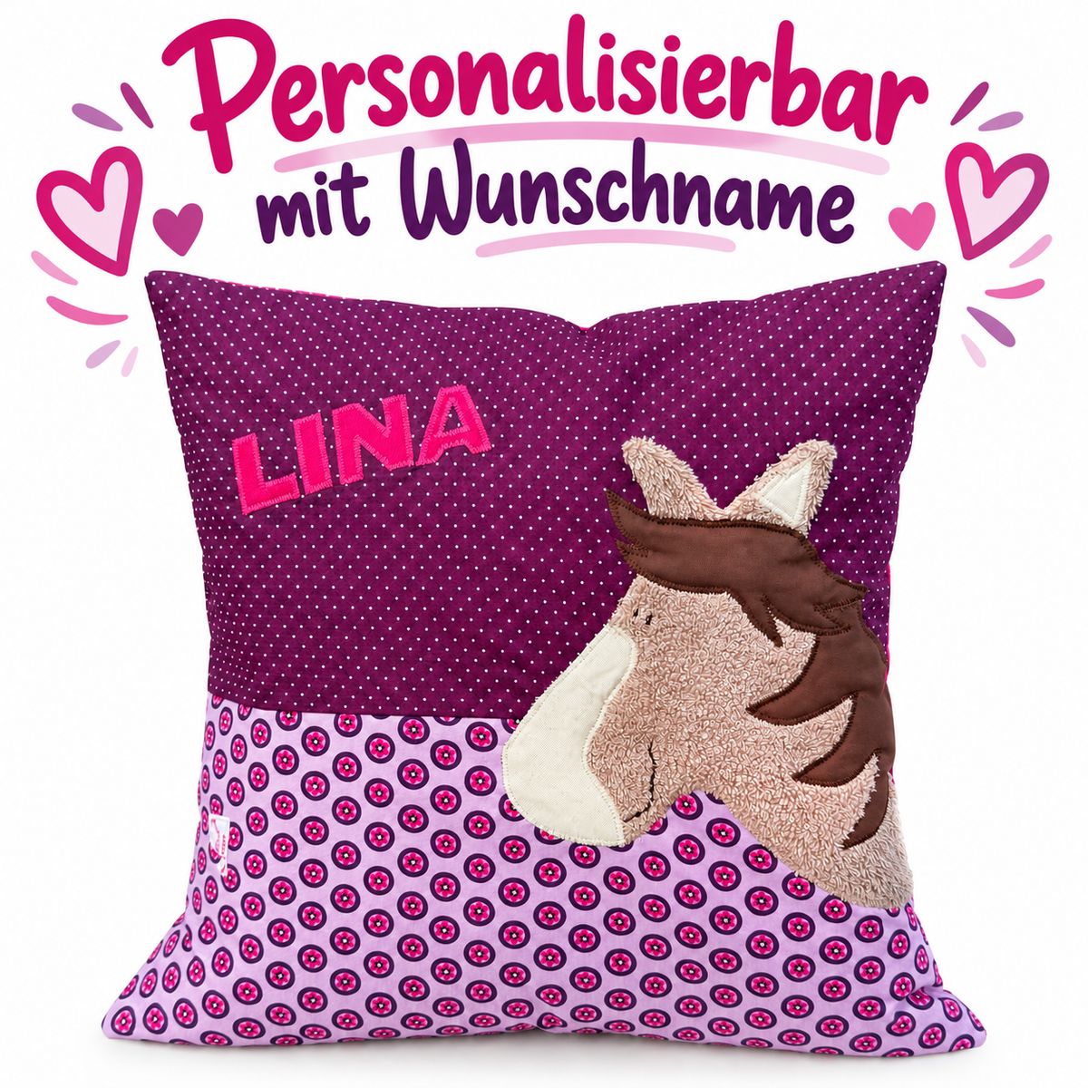 Pferdekissen mit Namen – personalisiertes Kinderkissen Pferd lila/pink