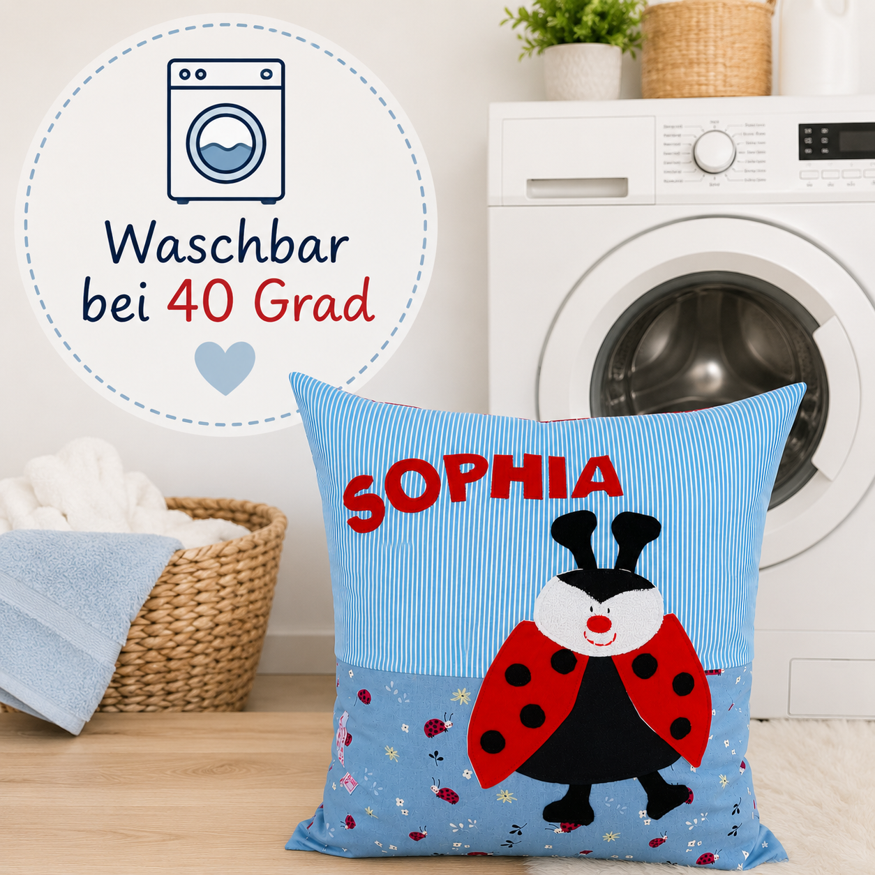 Marienkäfer Kissen personalisiert mit Namen | Handgemachtes Kinderkissen | Geschenk zur Geburt