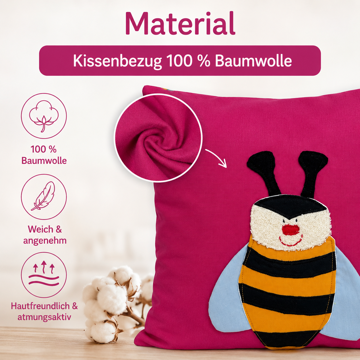 Reisekissen für Mädchen mit Biene – Kuschelkissen Pink 30x30 cm | Handgemachtes Kinderkissen