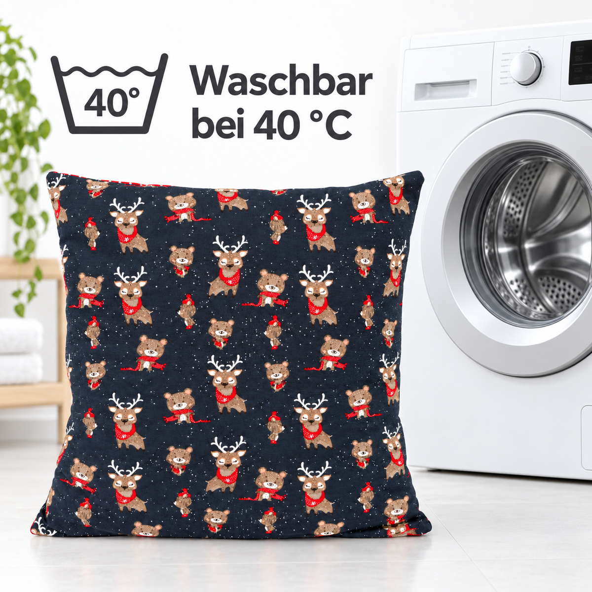 Weihnachtskissen für Kinder 40 × 40 cm – Bär & Rentier