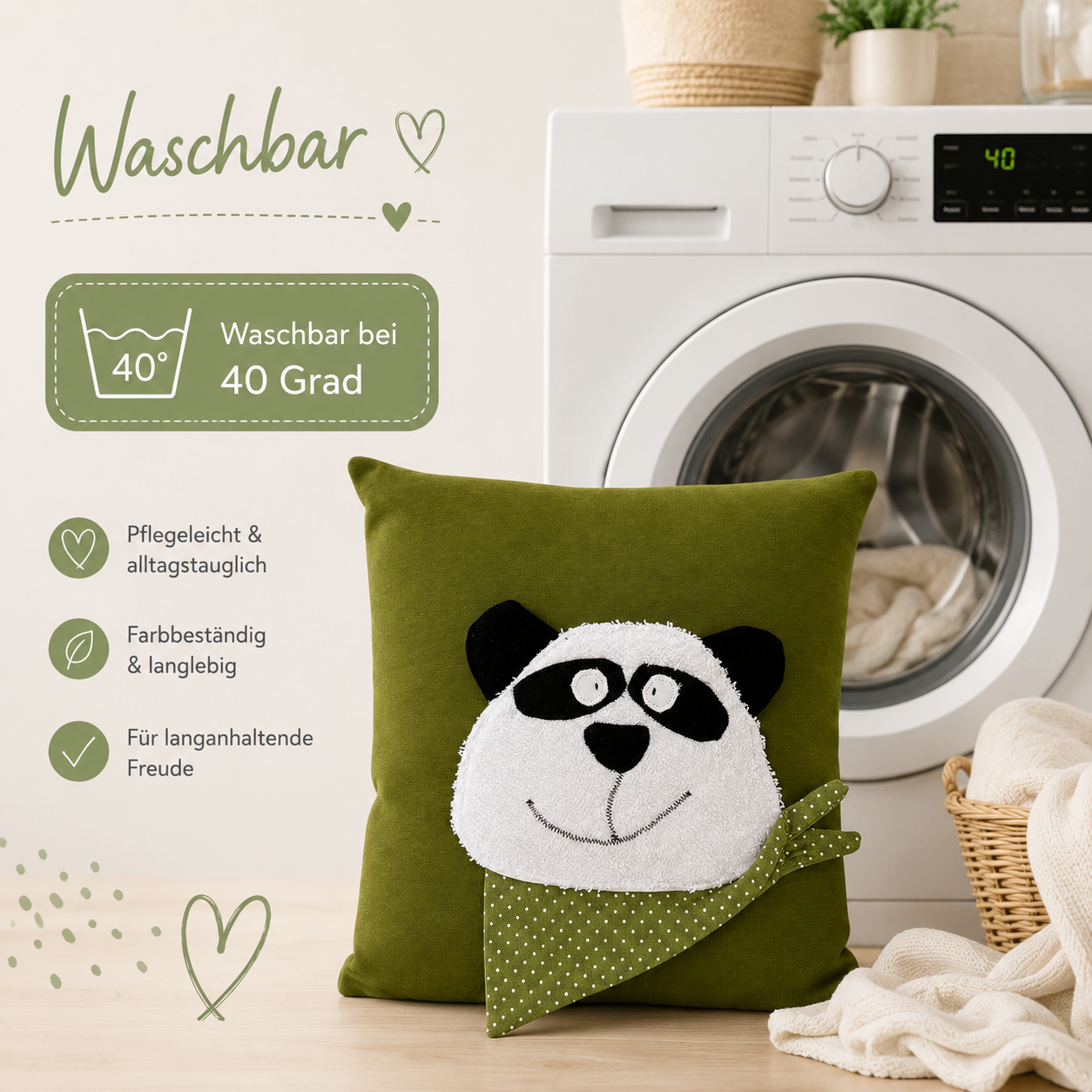 Reisekissen für Kinder Panda 30x30 – Handgemachtes Kuschelkissen