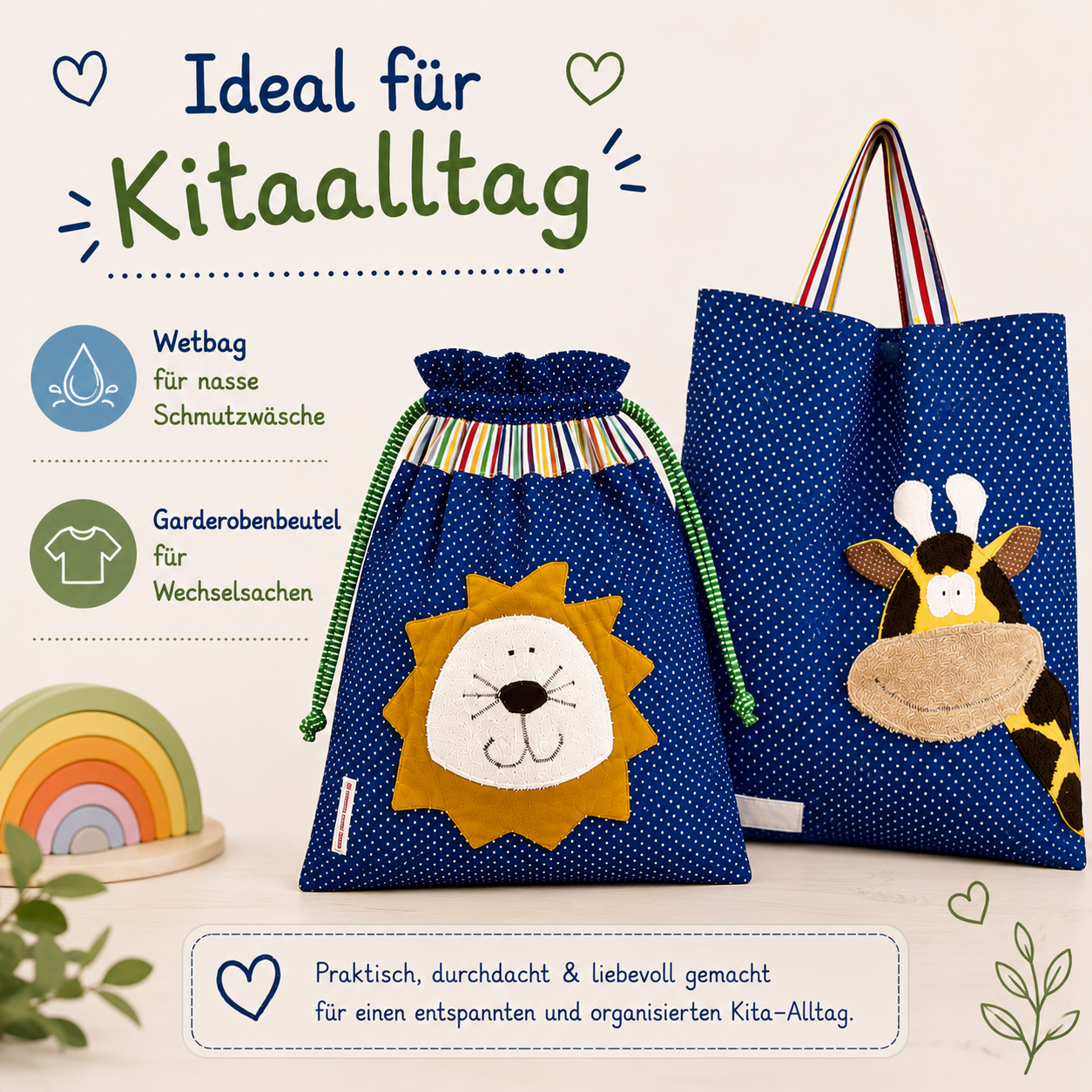 Kindergartenset Löwe & Giraffe – Wetbag & Garderobenbeutel
