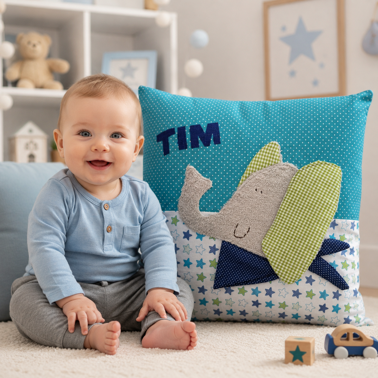 Kissen Elefant – personalisiert mit Namen | Handgenähtes Kinderkissen 40×40