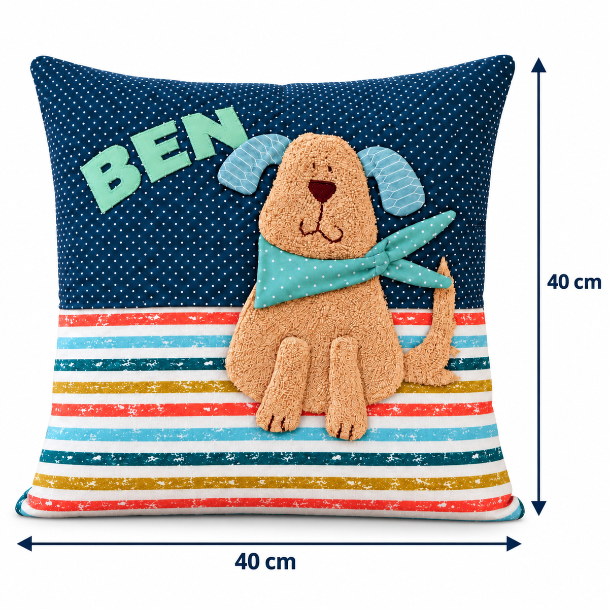Kinderkissen mit Namen – Hund mit bunten Streifen, 40 × 40 cm
