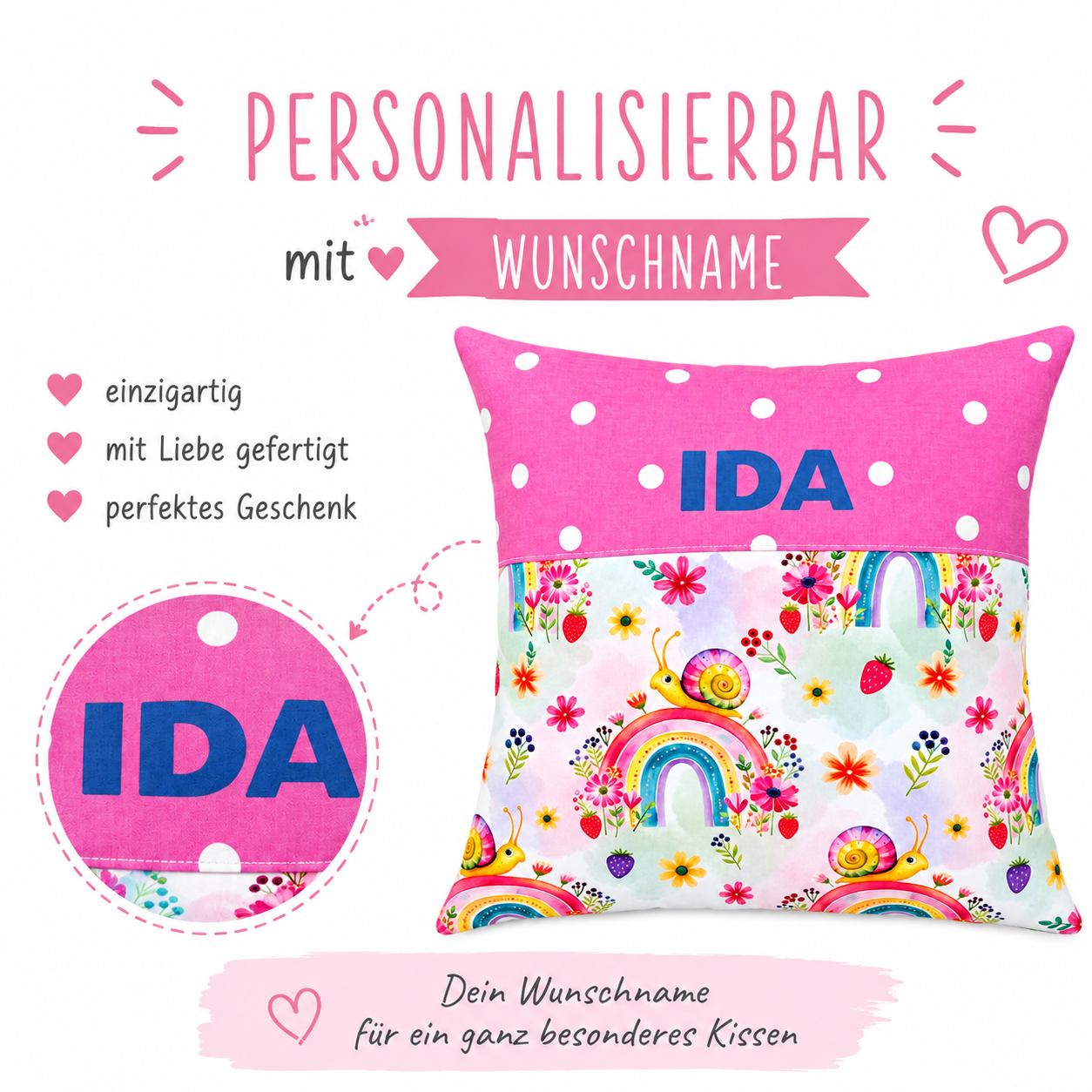 Kissen mit Namen Mädchen – Rosa mit Schnecke & Regenbogen