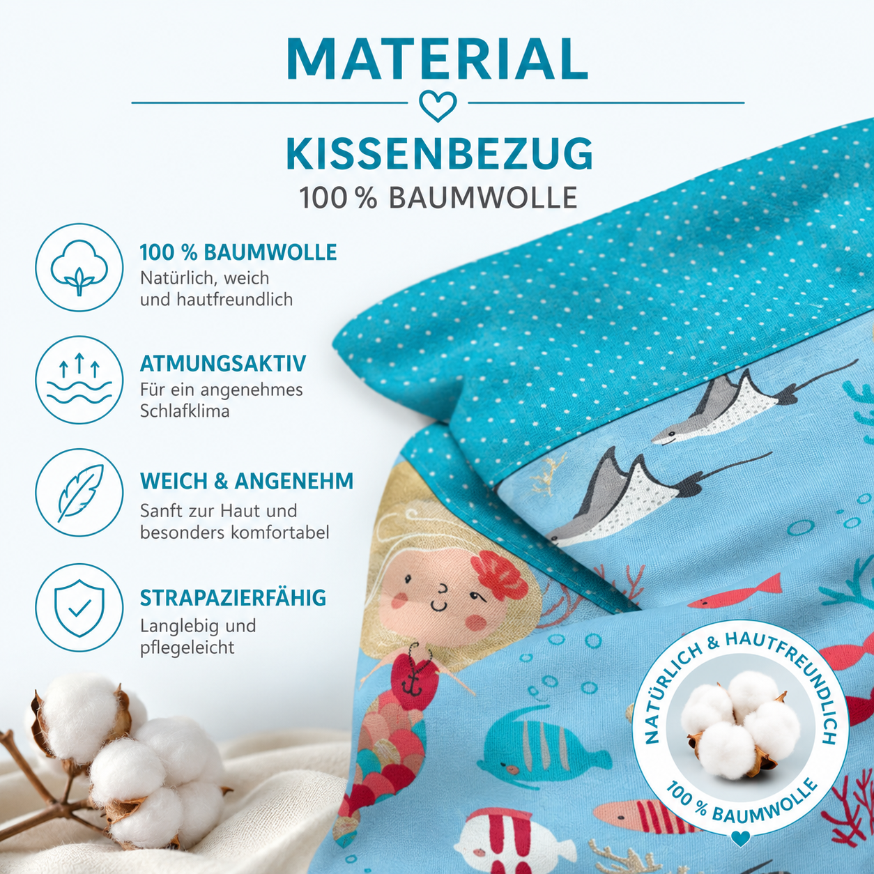 Meerjungfrau Kissen mit Namen personalisiert – Kinderkissen 40x40 cm aus Baumwolle