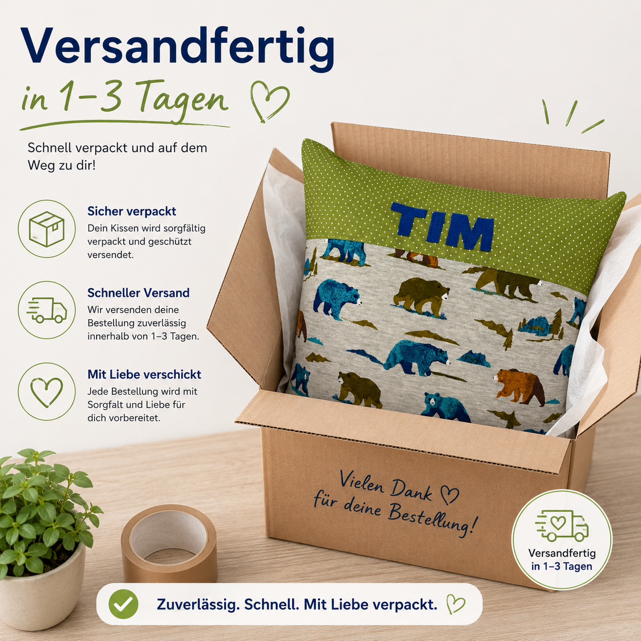 Kissen mit Namen Bären | Personalisiertes Kinderkissen 40x40 cm | Geschenk für Jungen