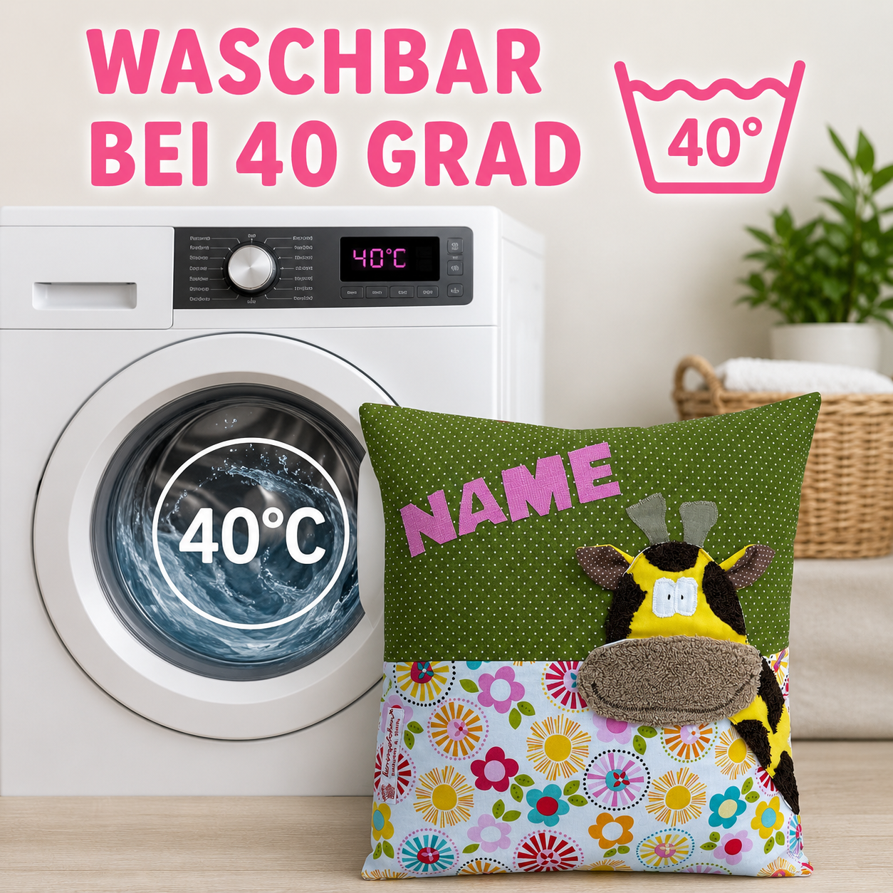 Kinderkissen Giraffe Handmade mit Waschhinweis: waschbar bei 40 Grad