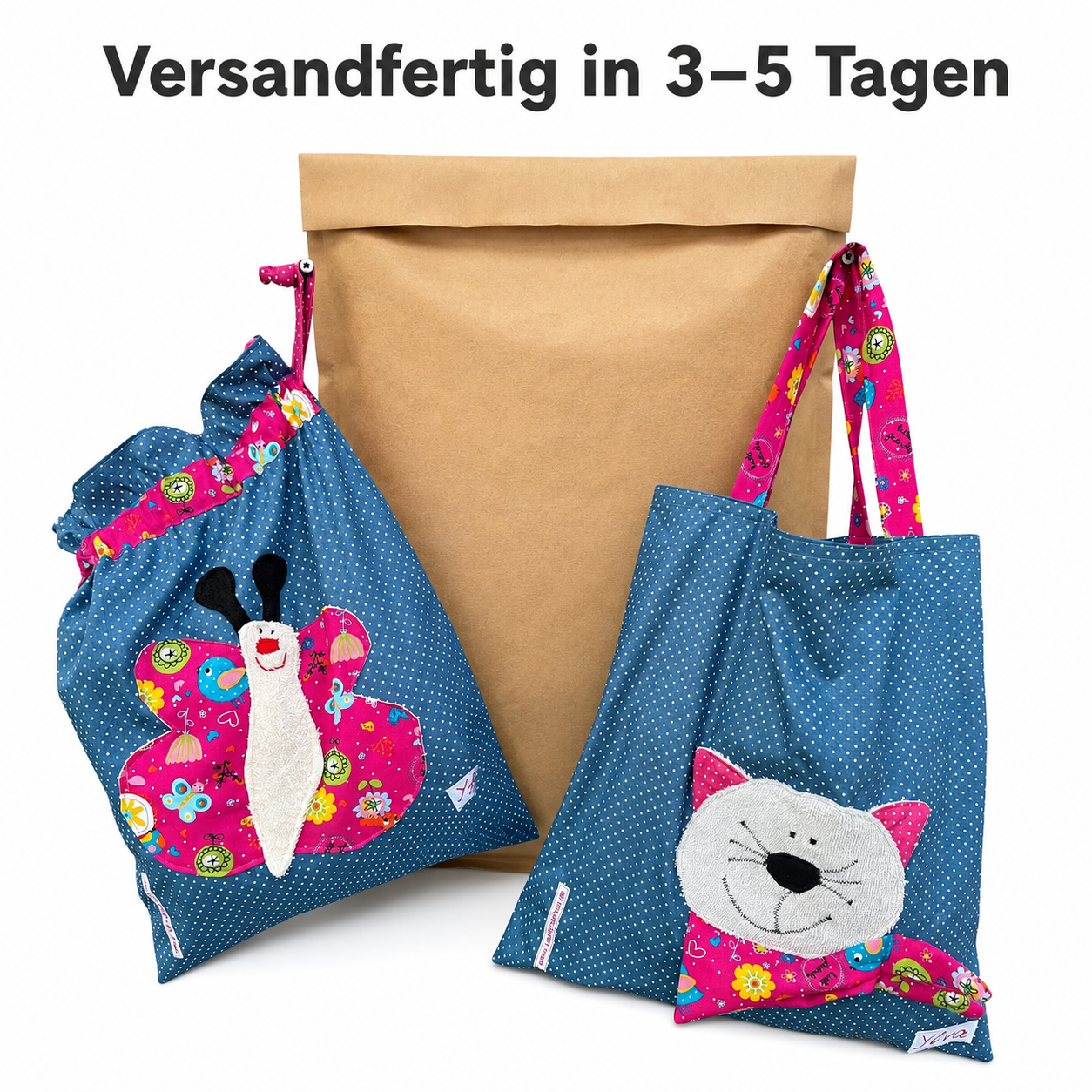 Kindergartenset für Mädchen – Nasstasche Schmetterling & Kindertasche Katze