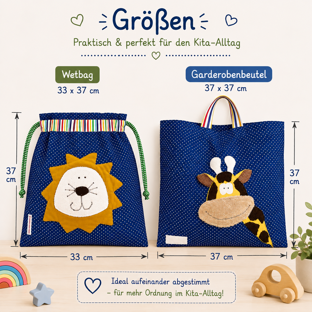 Kindergartenset Löwe & Giraffe – Wetbag & Garderobenbeutel