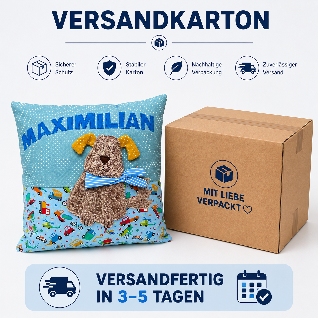 Kissen Hund mit Namen Hellblau Fahrzeuge – Personalisiertes Kinderkissen 40x40 cm | Geschenk zur Geburt