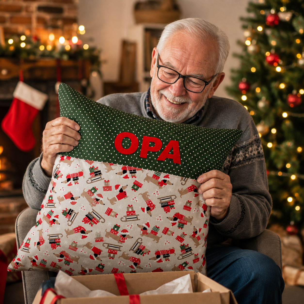 Weihnachtskissen für Opa mit Dackel – personalisierbar