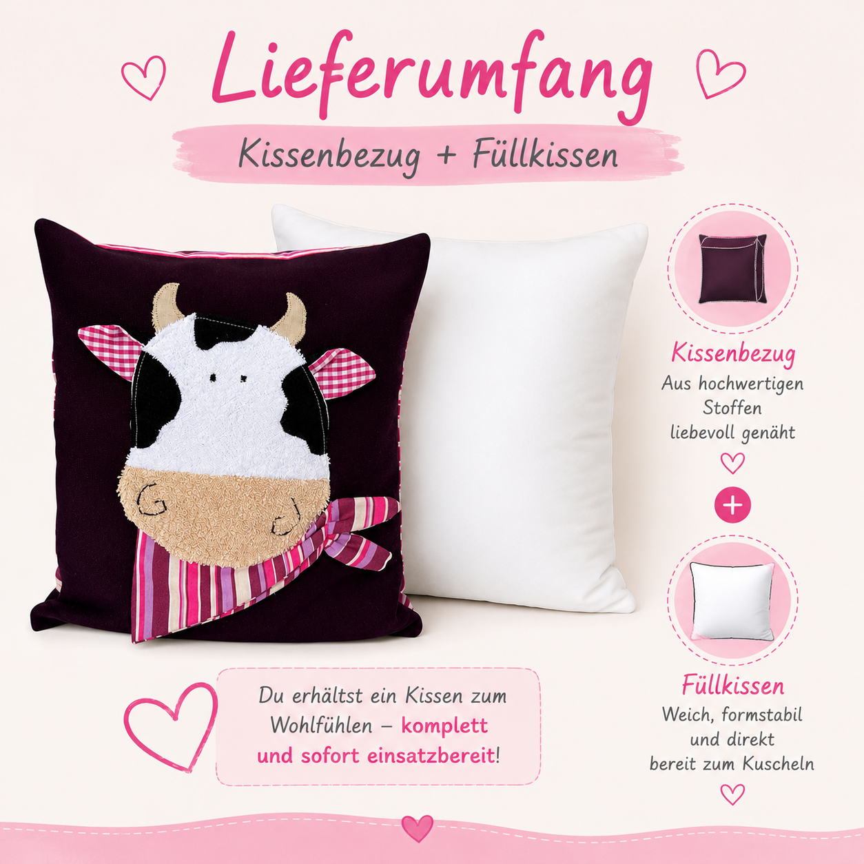 Reisekissen für Mädchen | KINDERKISSEN Kuh | Kleine Kissen 30x30