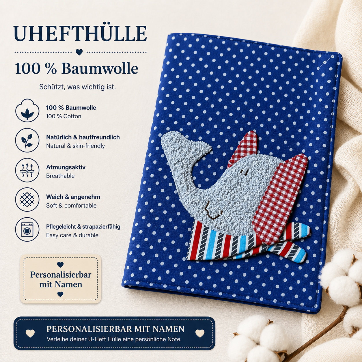 U-Heft Hülle Elefant royalblau | Personalisiertes Babygeschenk Junge