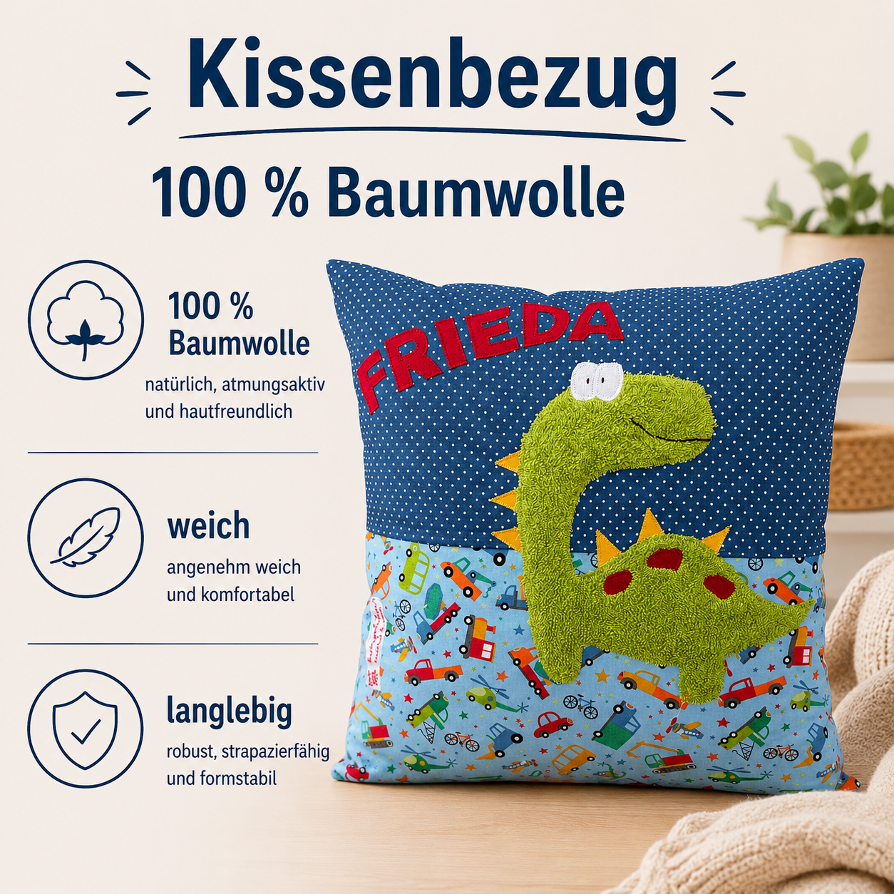 Personalisiertes Kinderkissen Dino mit Namen - handmade Geschenk zur Geburt & Taufe