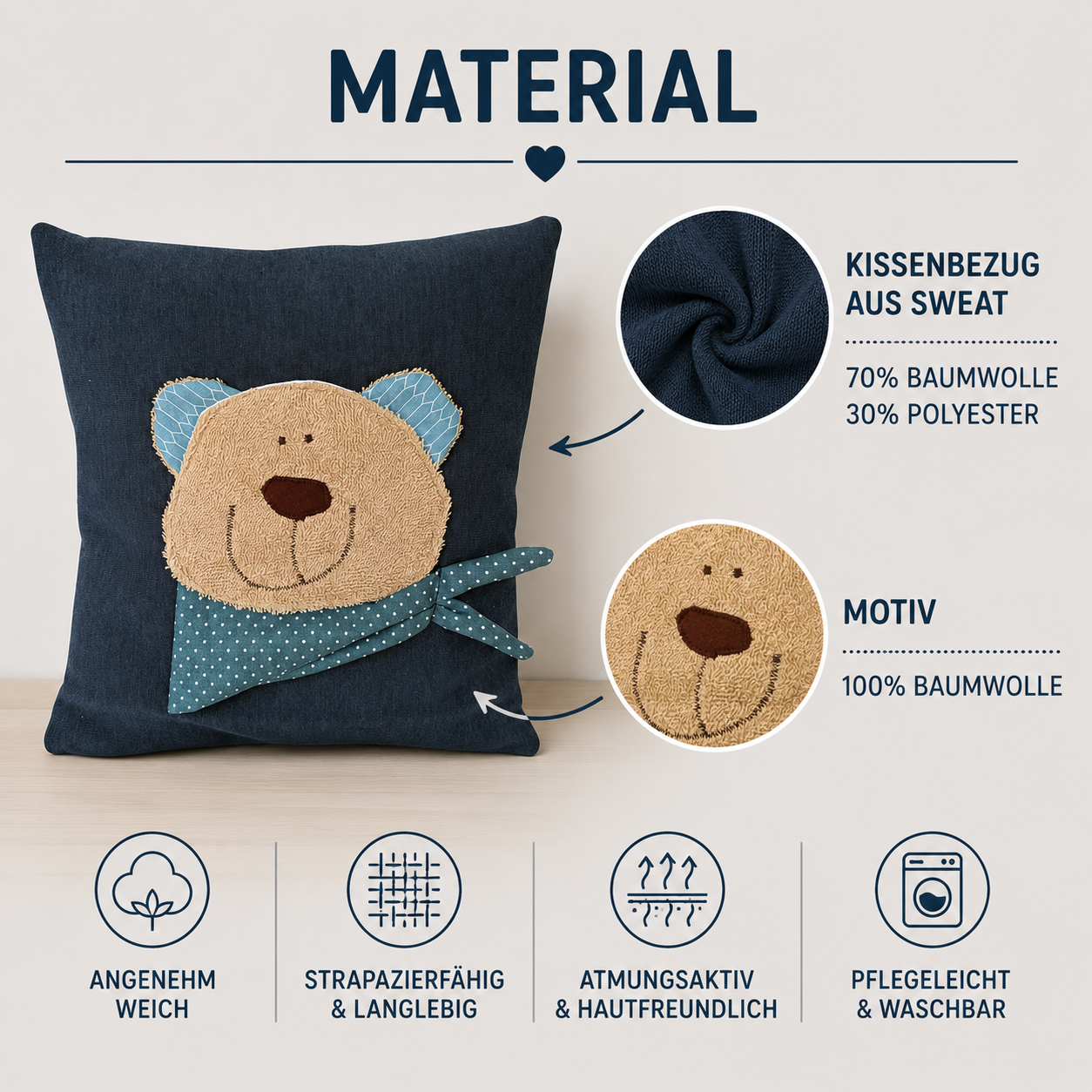 Reisekissen Bär für Kinder – Handgemachtes Kuschelkissen 30x30 cm
