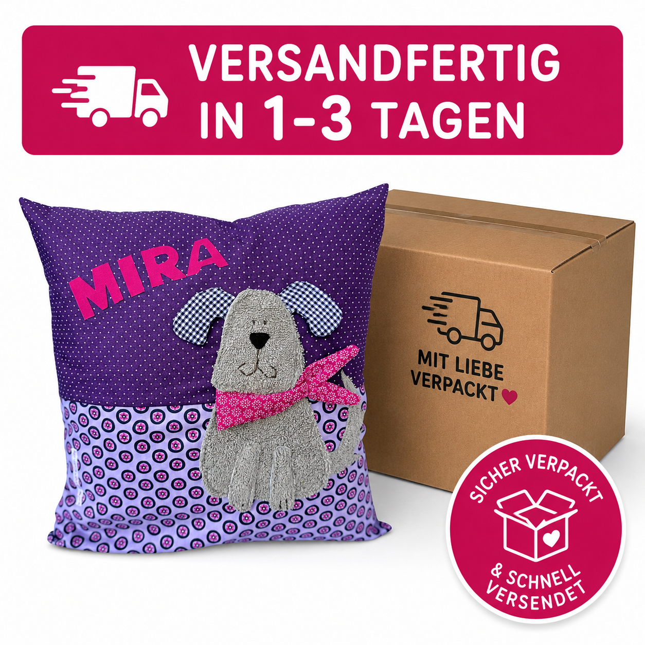 Lila personalisiertes Kinderkissen mit Namen Mira und Hund-Applikation aus Frottee, handgenäht aus Baumwolle im farbenfrohen Mustermix, 40x40 cm Kuschelkissen für Mädchen
Versandfertig in 1-3 Tagen