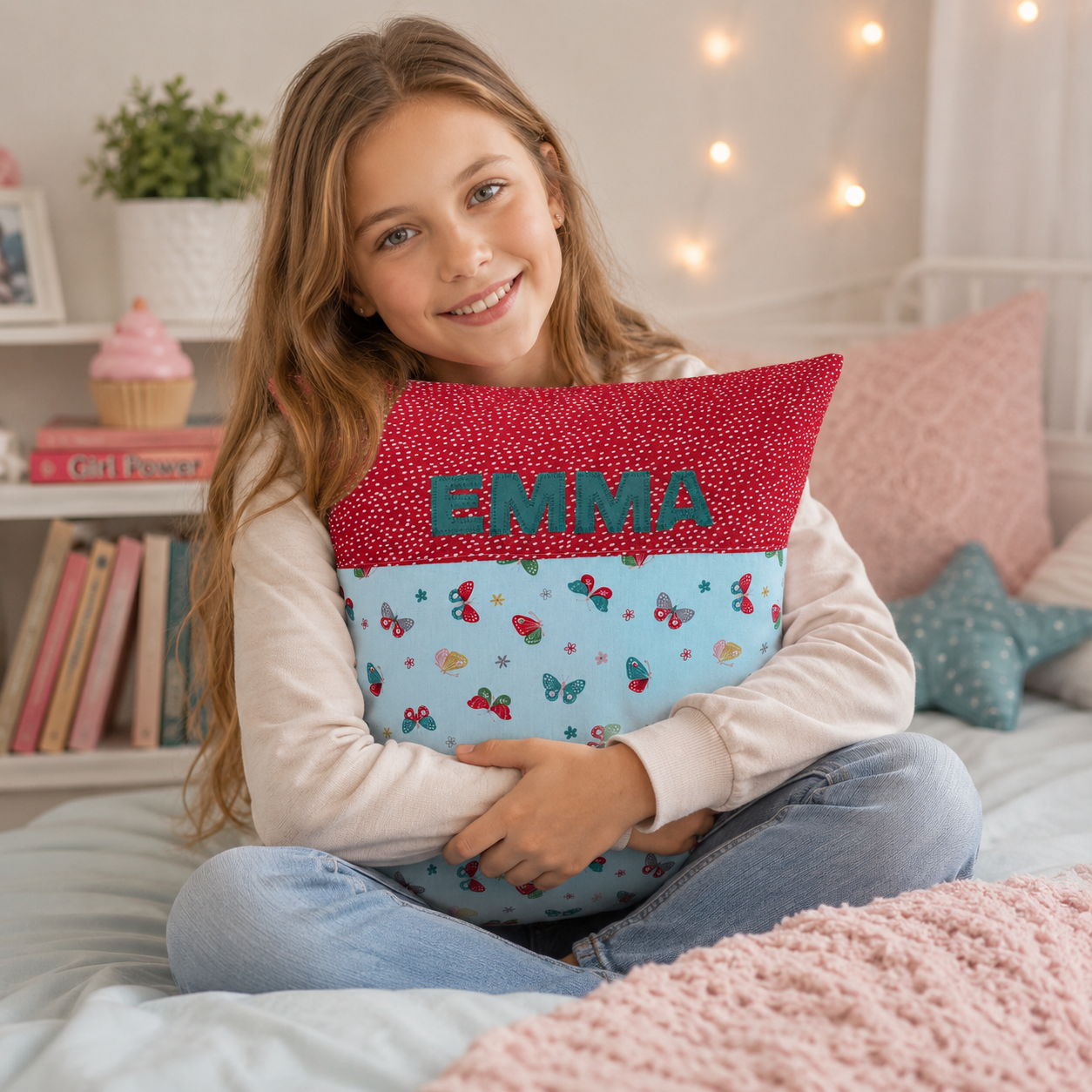 Personalisiertes Kissen Schmetterling mit Name 40x40 cm – Kuschelkissen für Mädchen | Geschenk zum Geburtstag & Weihnachten