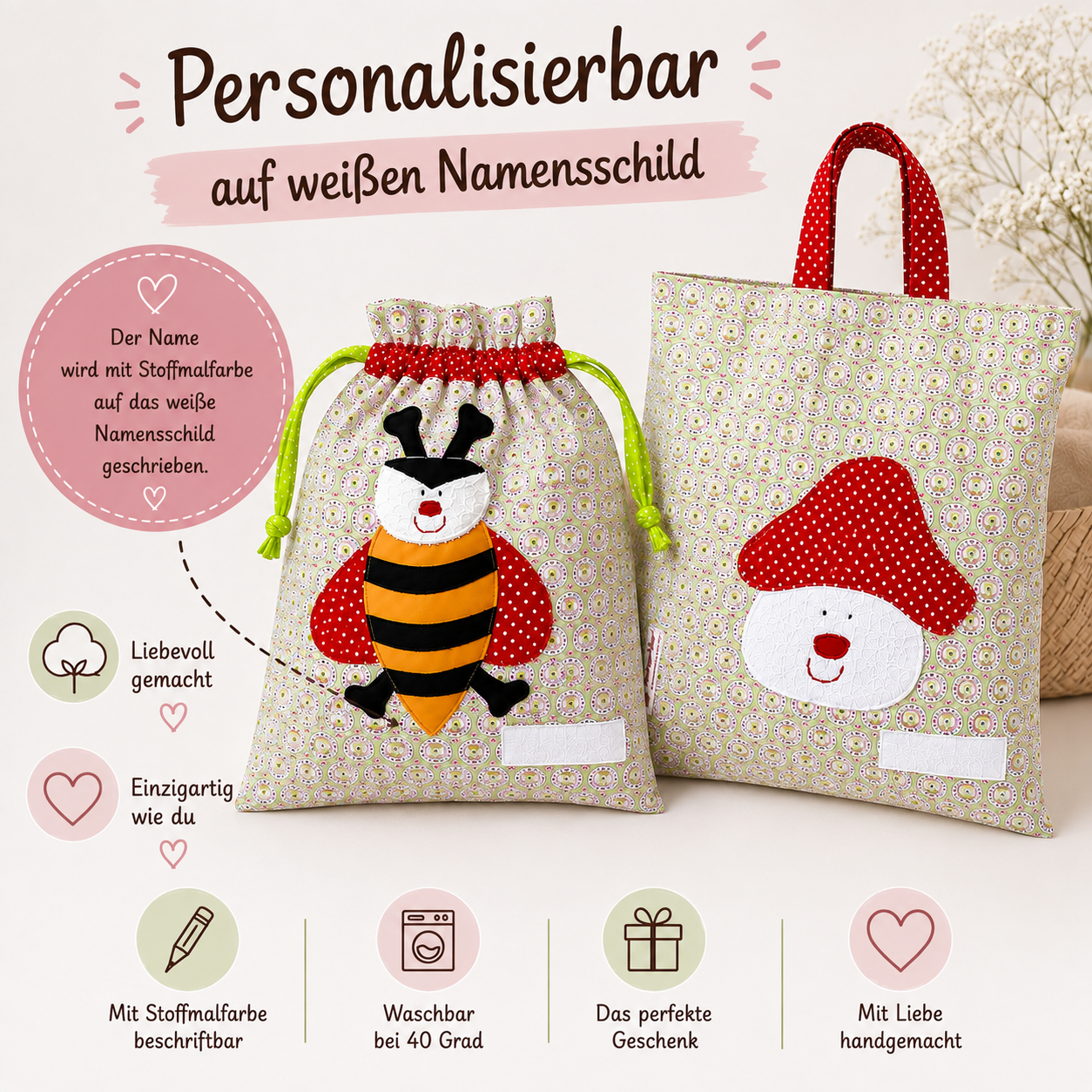 Wetbagset Mädchen Biene & Fliegenpilz – Nasstasche & Garderobenbeutel personalisierbar