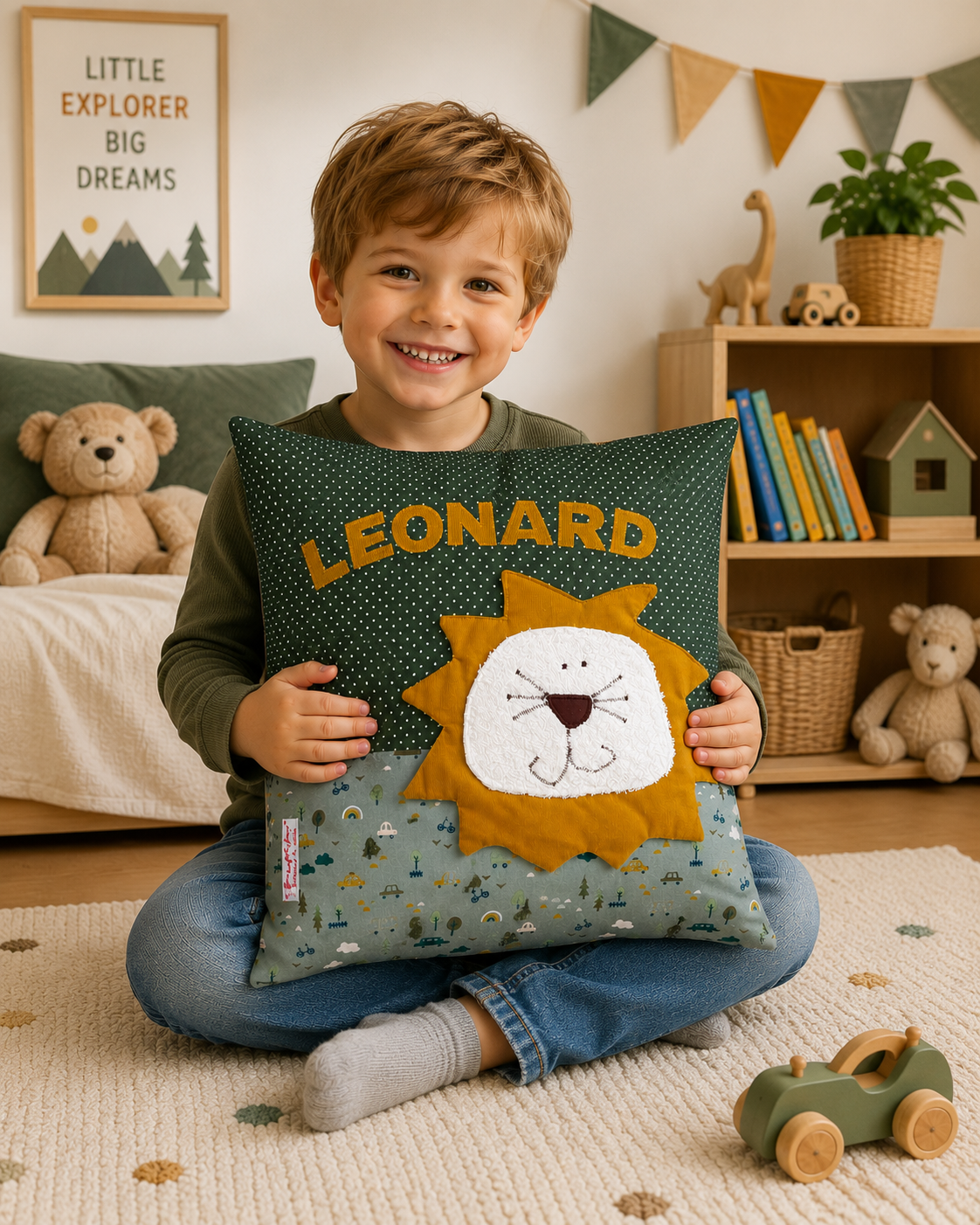 Personalisierte Kissen Löwe mit Namen dunkelgrün | Geschenk zur Geburt & Taufe