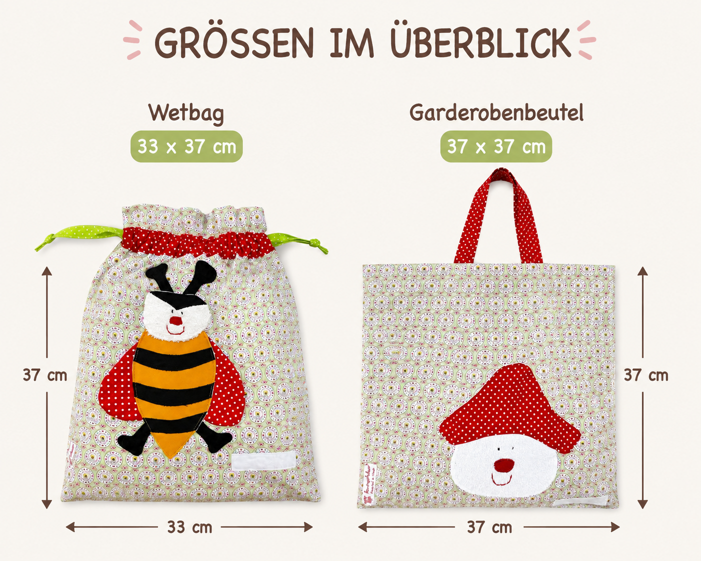 Wetbagset Mädchen Biene & Fliegenpilz – Nasstasche & Garderobenbeutel personalisierbar