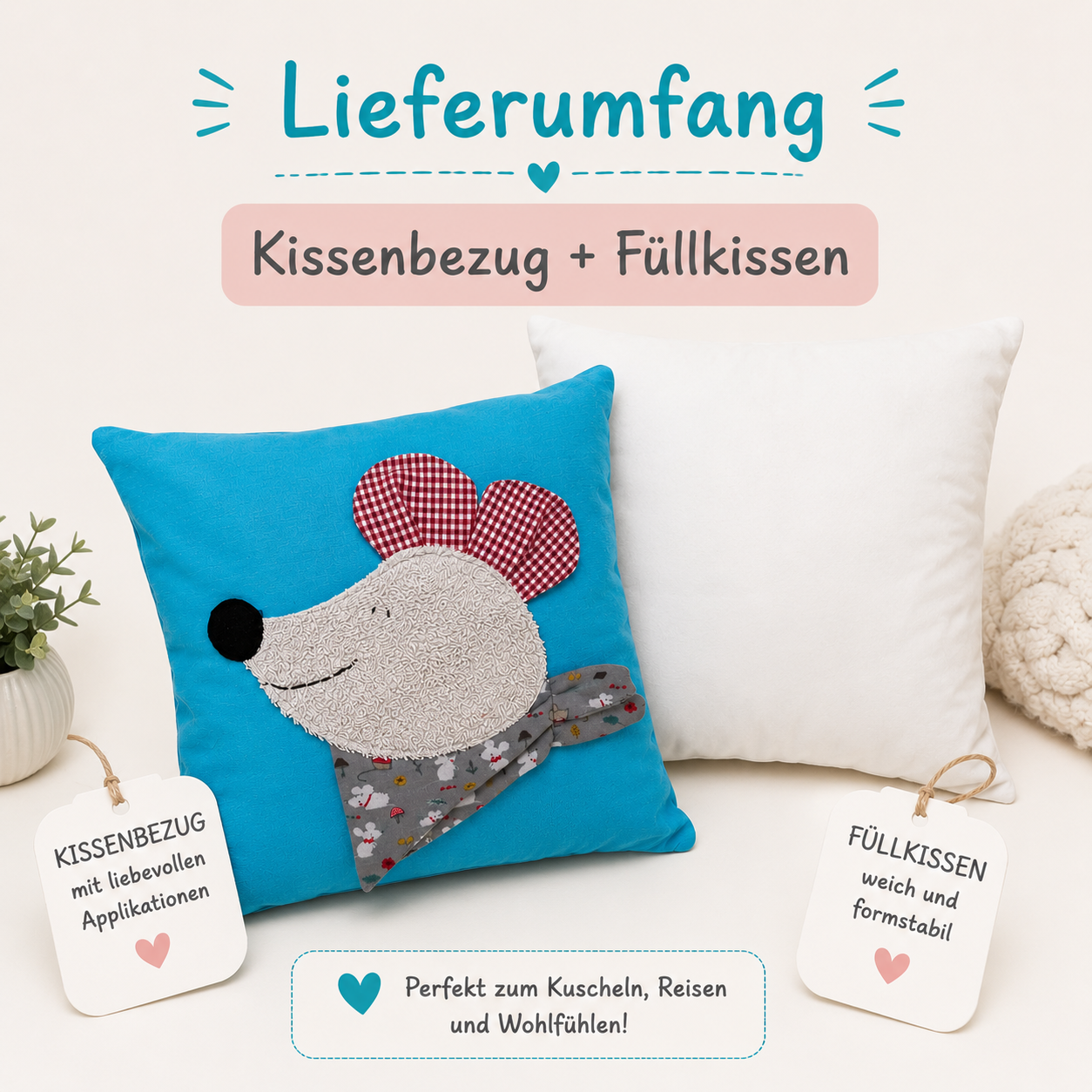 Reisekissen für Kinder Maus – Kuschelkissen 30x30 | Geschenk zur Geburt