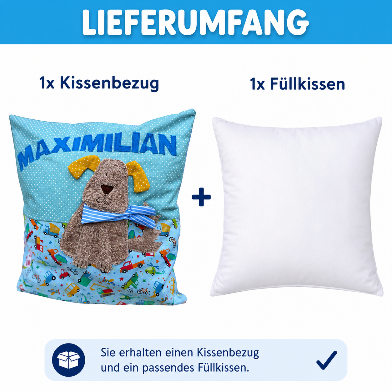 Kissen Hund mit Namen Hellblau Fahrzeuge – Personalisiertes Kinderkissen 40x40 cm | Geschenk zur Geburt