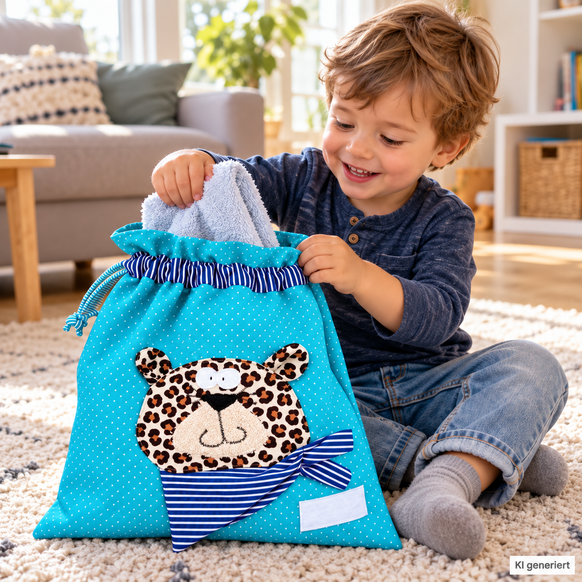 Nasstasche Blau mit Leopard – personalisierbares Geschenk zum 2. Geburtstag