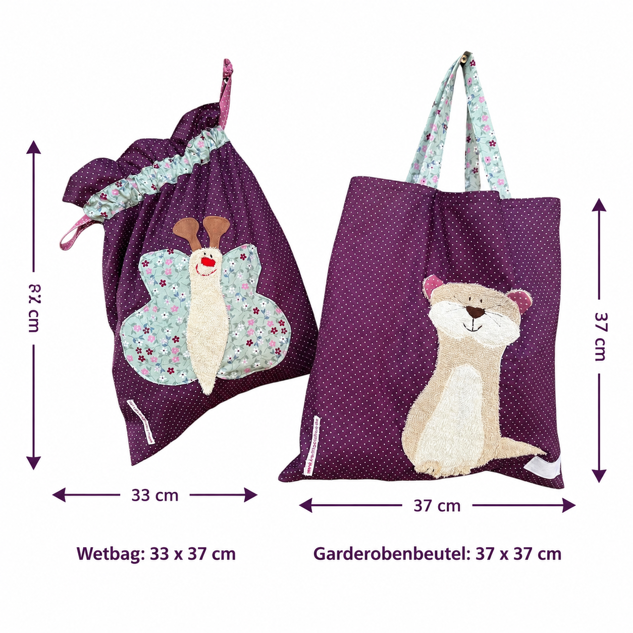 Kita-Set Otter & Schmetterling – Handgemachte Wetbag & Garderobenbeutel mit Namen für Kinder