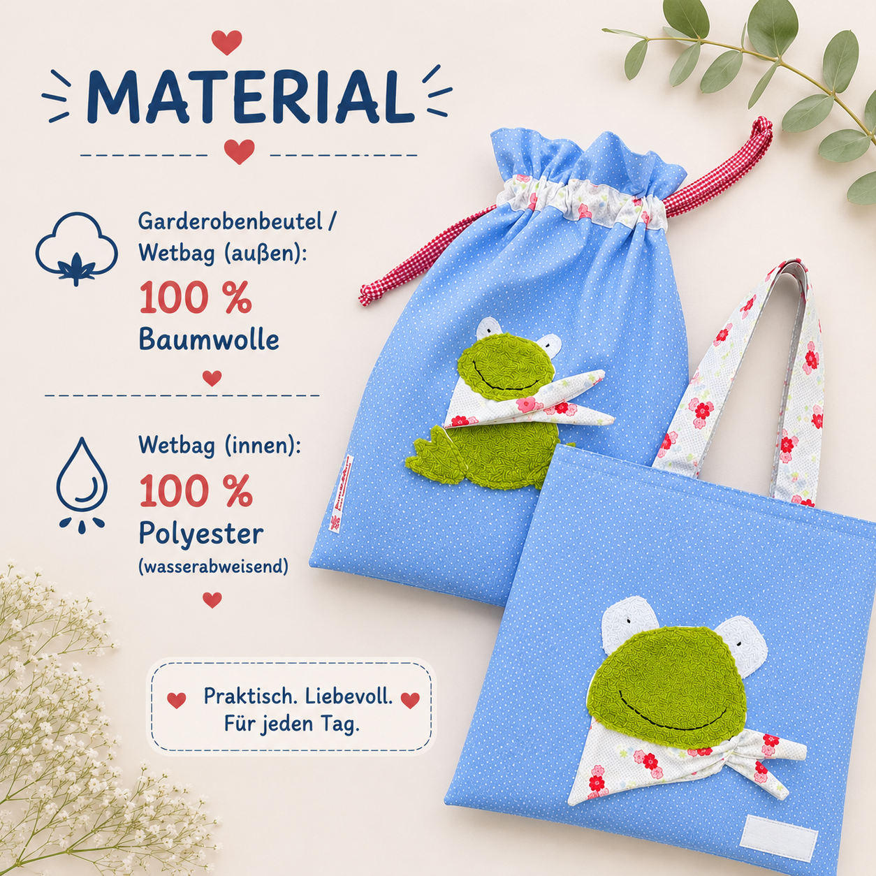 Wetbagset Frosch personalisiert – Kindertasche & Wetbag für Kindergarten