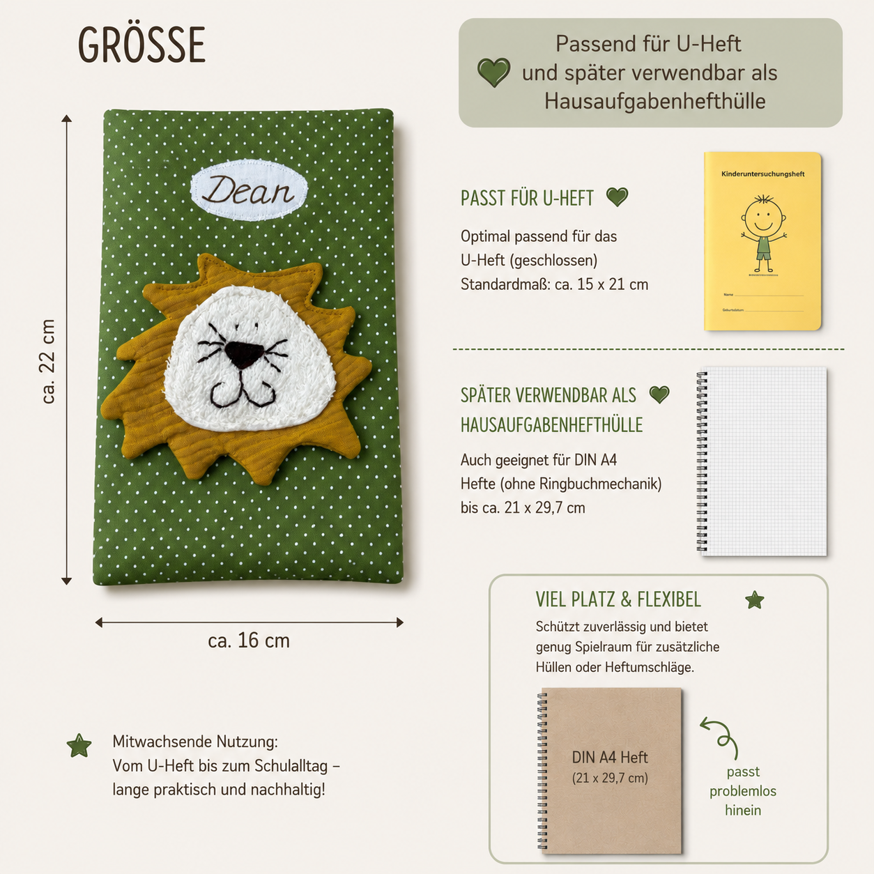 U-Heft Hülle Löwe mit Name – Kinderuntersuchungsheft aus Baumwolle | Personalisiertes Babygeschenk