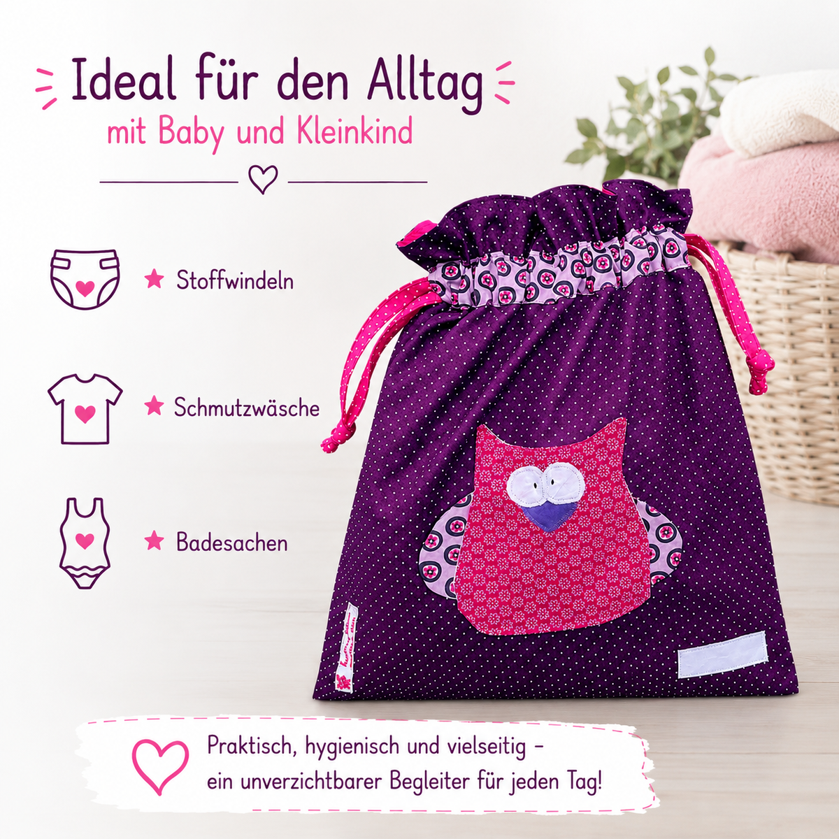 Wetbag Eule handgemacht | süße Kindertasche für Kita | Eulen Geschenke für Kinder | Wetbag für nasse Kleidung