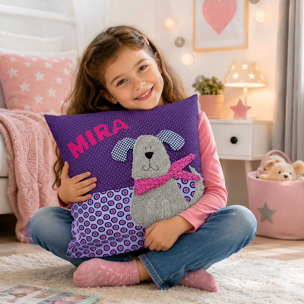 Lila personalisiertes Kinderkissen mit Namen Mira und Hund-Applikation aus Frottee, handgenäht aus Baumwolle im farbenfrohen Mustermix, 40x40 cm Kuschelkissen für Mädchen
Lifestylebild mit einem Mädchen im 
Kinderzimmer