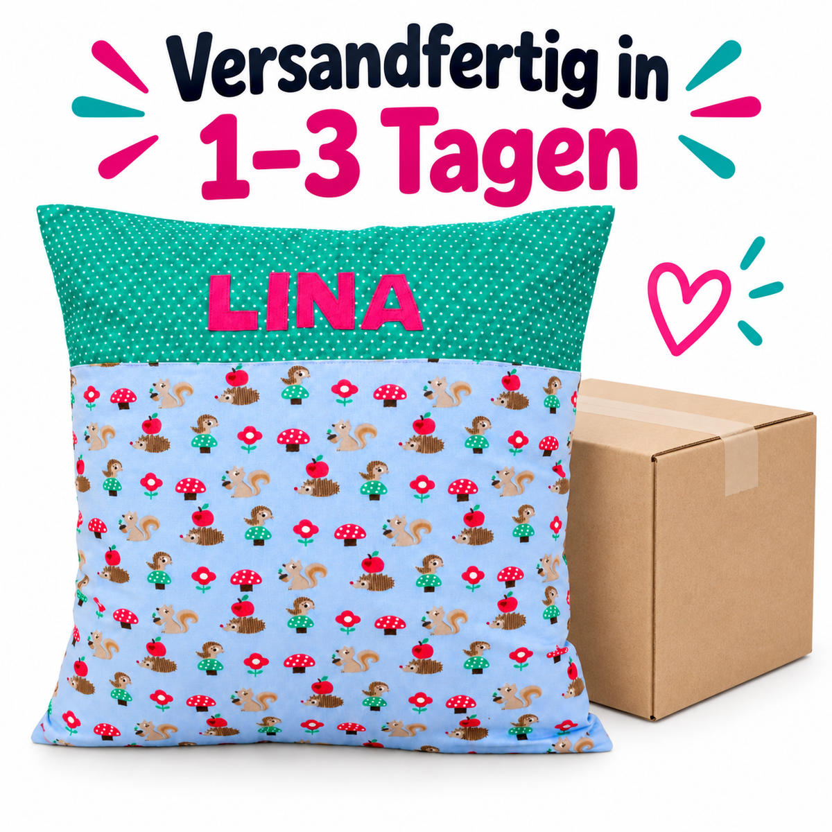 Personalisiertes Kinderkissen mit Namen – Waldtiere – Geburtstagsgeschenk für Mädchen