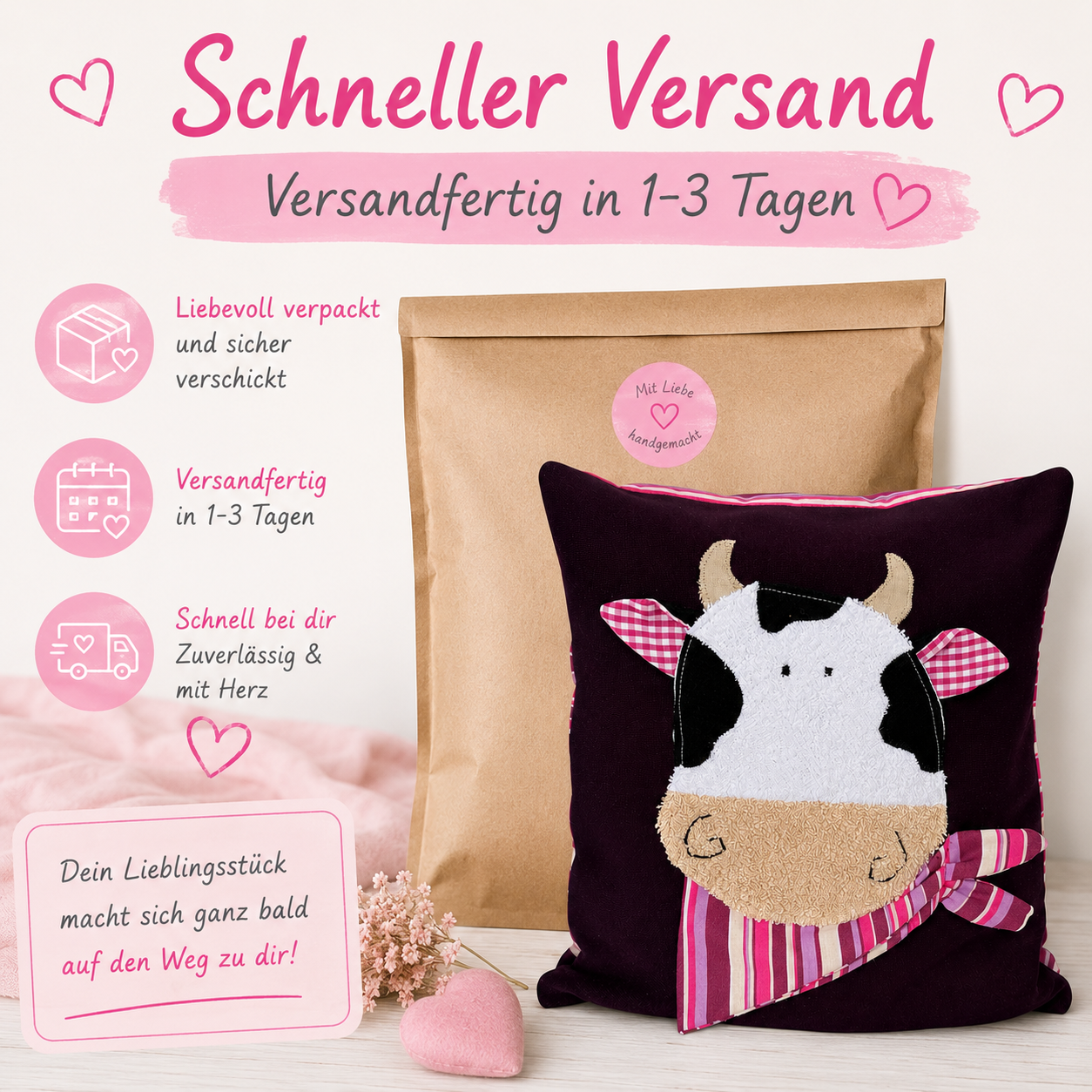 Reisekissen für Mädchen | KINDERKISSEN Kuh | Kleine Kissen 30x30