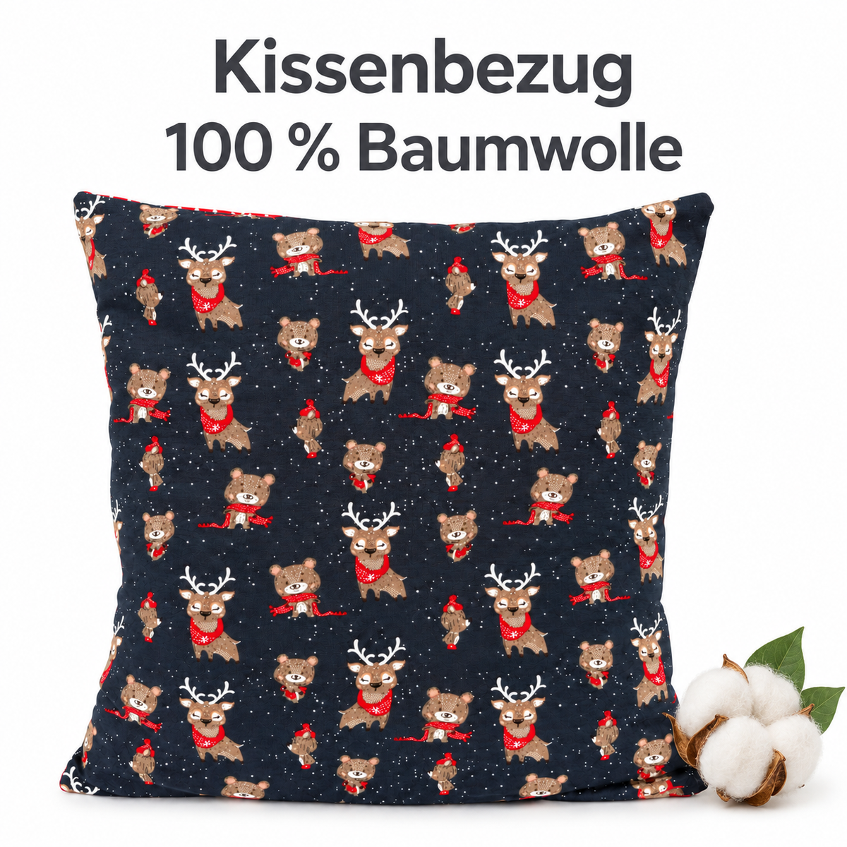 Weihnachtskissen für Kinder 40 × 40 cm – Bär & Rentier
