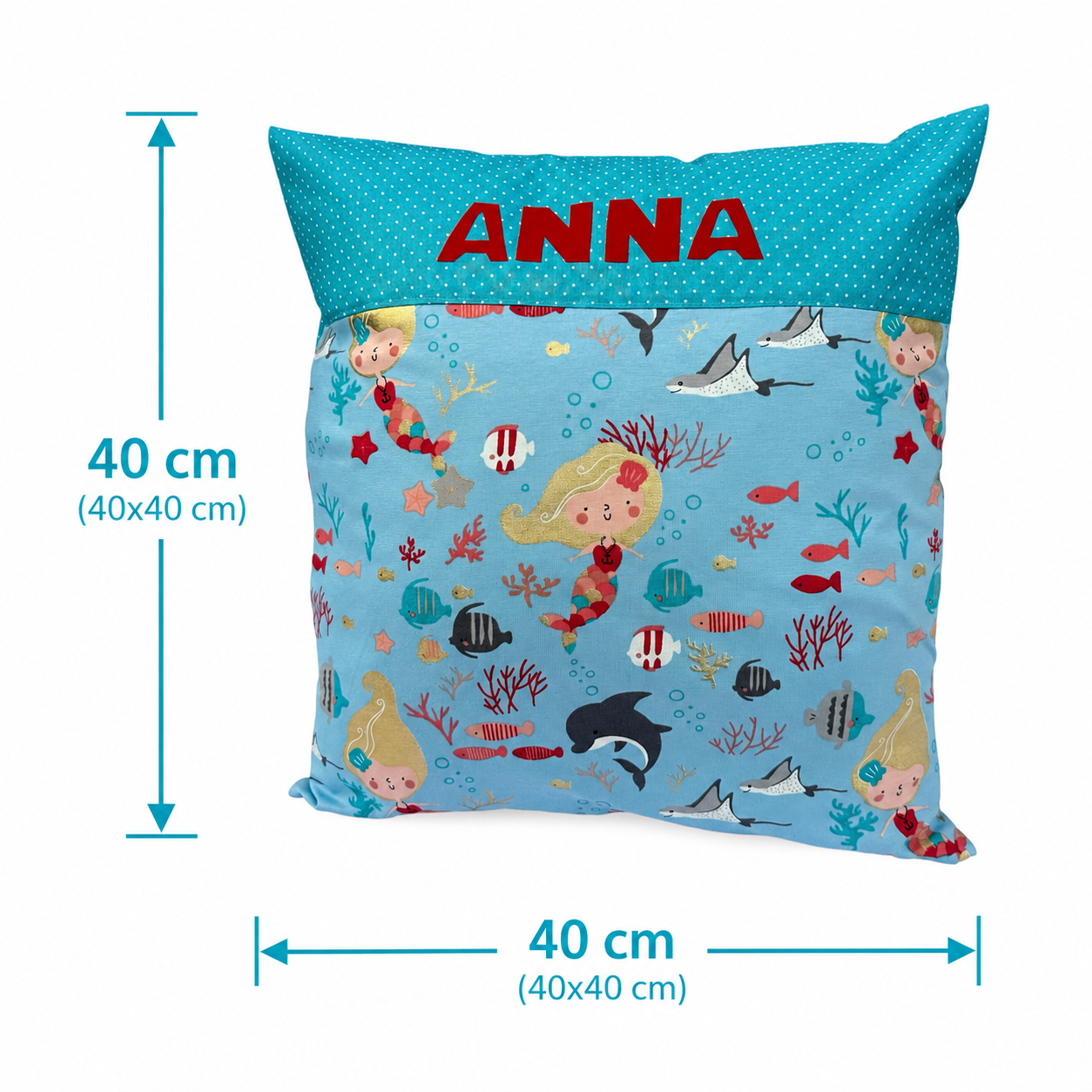 Meerjungfrau Kissen mit Namen personalisiert – Kinderkissen 40x40 cm aus Baumwolle