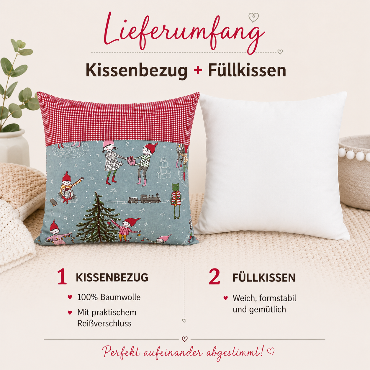 Weihnachtskissen Wichtel 40x40 cm | Handgenähtes Dekokissen aus Baumwolle
