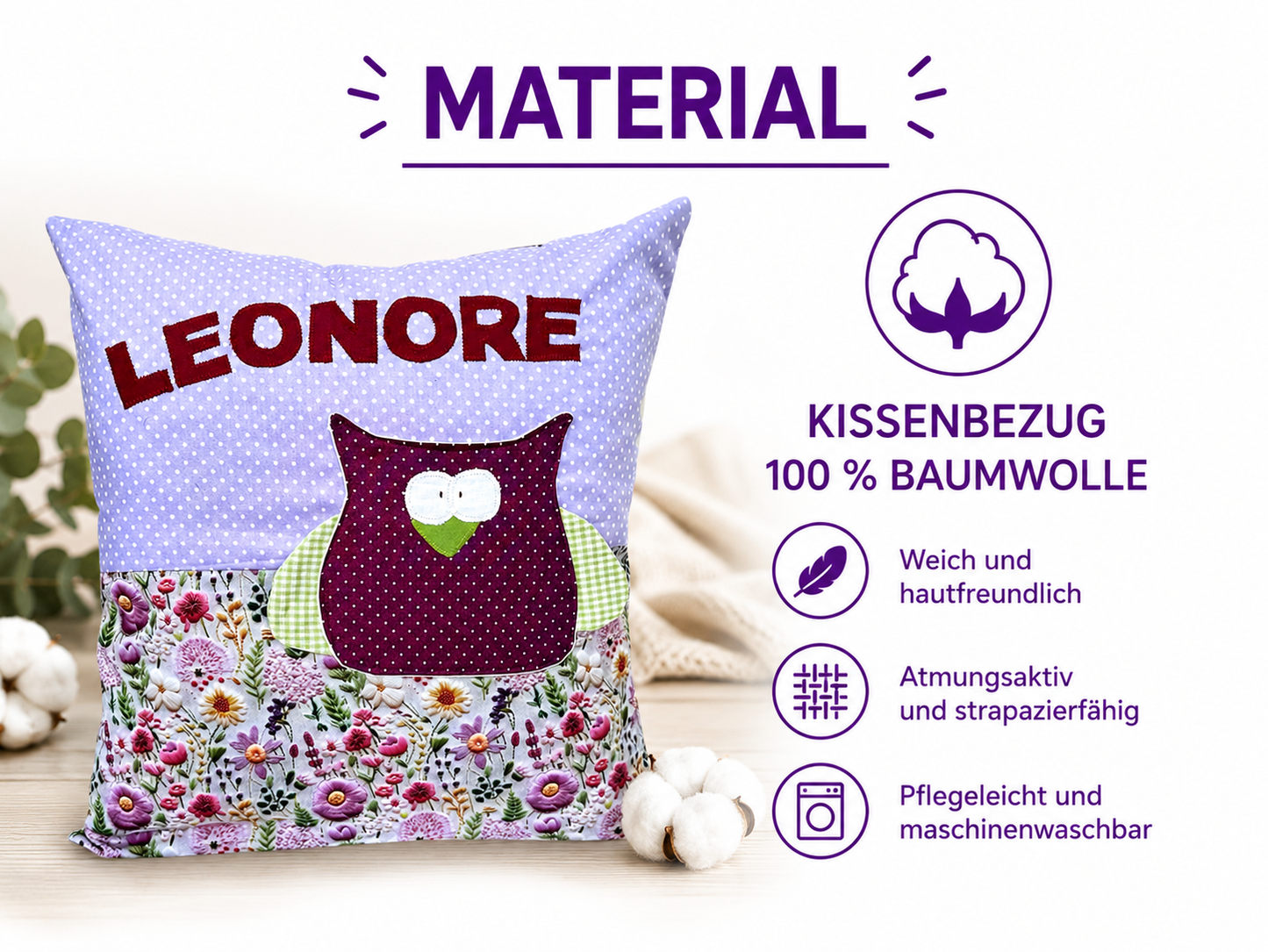 Kinderkissen Eule personalisiert – Kuschelkissen mit Namen | Geschenk zur Geburt